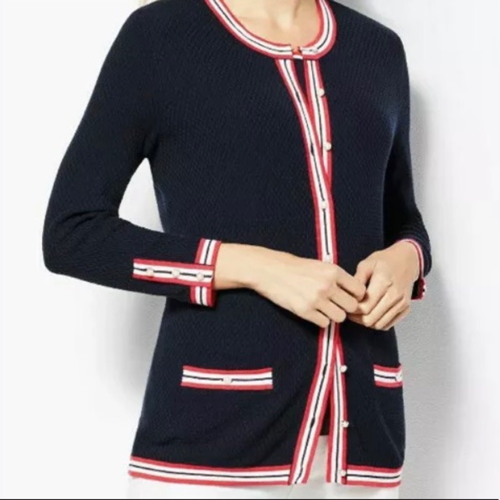 Talbots Charming Tipped Cardigan Red Blue LP